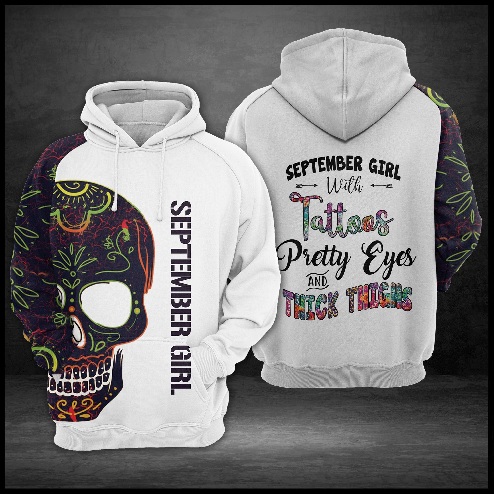 September Girl Skull Pullover Premium Hoodie Tattoos Pretty Eyes, Perfect Outfit For Men And Women On Christmas New Year Autumn Winter