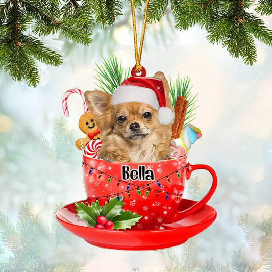 Custom Dog Acrylic Christmas Ornament, Personalized Long Haired Tan Chihuahua In Red Cup Acrylic Ornament for Dog Lover, Christmas, New Year