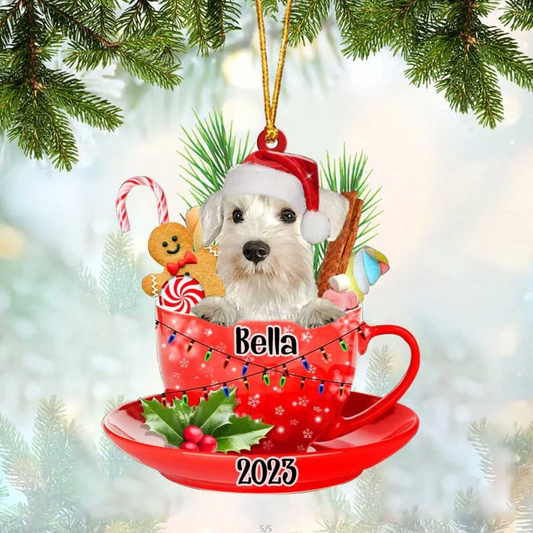 Custom Dog Acrylic Christmas Ornament,Personalized White Miniature Schnauzer & Santa Hat In Red Cup Acrylic Ornament for Dog Lover,Christmas