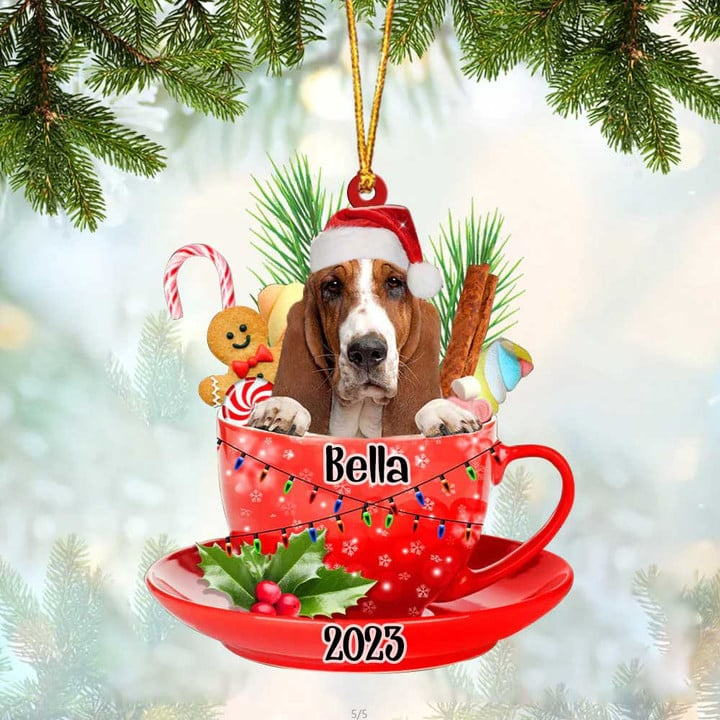 Custom Dog Acrylic Christmas Ornament, Personalized Basset Hound & Santa Hat In Red Cup Acrylic Ornament for Dog Lover,Christmas, New Year