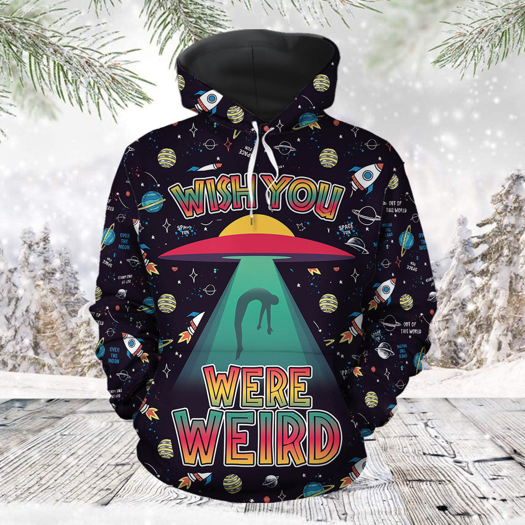 UFO Alien Pattern Pullover Premium Hoodie Wish You Were Weird, Perfect Outfit For Men And Women On Christmas New Year Autumn Winter