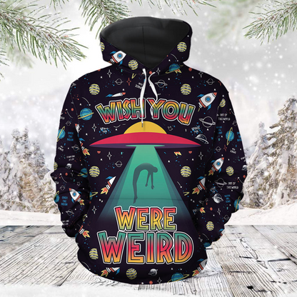 UFO Alien Pattern Pullover Premium Hoodie Wish You Were Weird, Perfect Outfit For Men And Women On Christmas New Year Autumn Winter