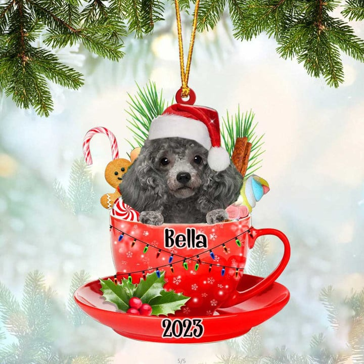 Custom Dog Acrylic Christmas Ornament, Personalized Silver Miniature Poodle & Santa Hat In Red Cup Acrylic Ornament for Dog Lover