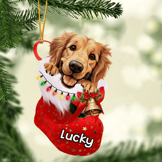 Custom Dog Acrylic Christmas Ornament, Personalized Cute Golden Retriever In Stocking Christmas Acrylic Ornament for Dog Lover, New Year