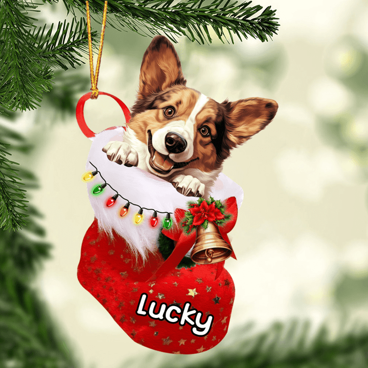 Custom Dog Acrylic Christmas Ornament, Personalized Welsh Corgi In Stocking Christmas Acrylic Ornament for Dog Lover, New Year