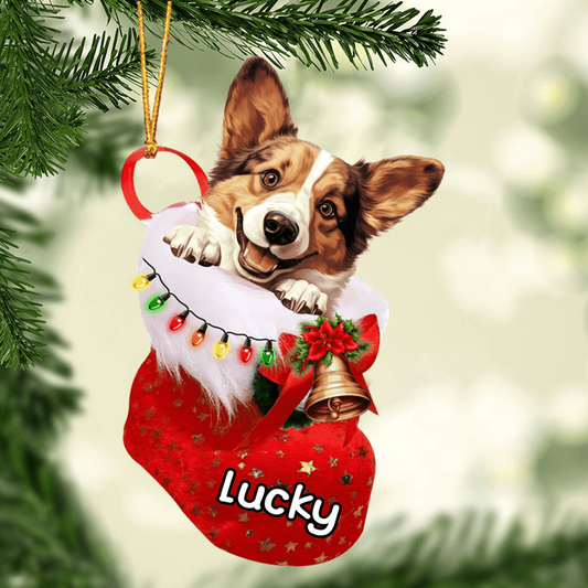 Custom Dog Acrylic Christmas Ornament, Personalized Welsh Corgi In Stocking Christmas Acrylic Ornament for Dog Lover, New Year