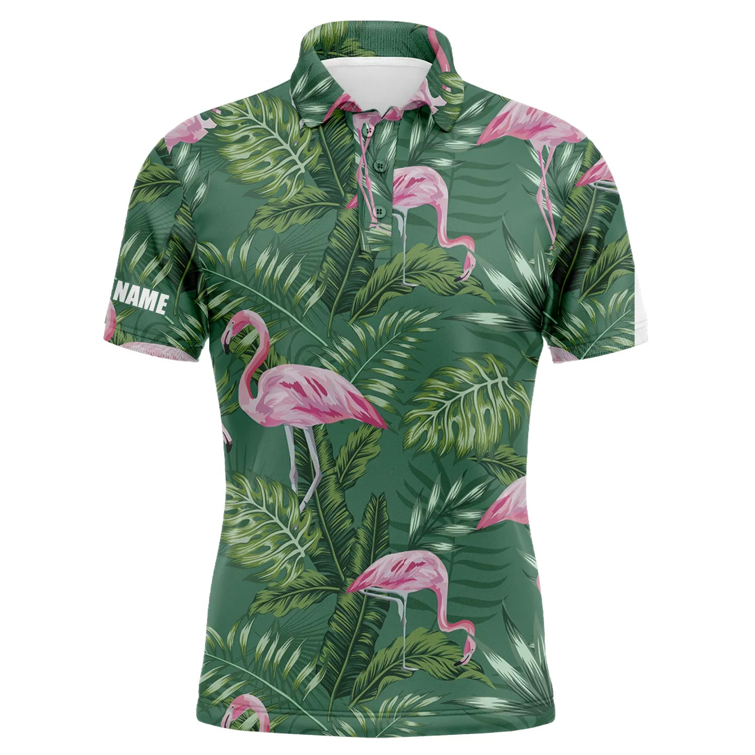 Golf Men Polo Shirt - Green Tropical Plants Monstera Flamingo Custom Name Apparel - Personalized Gift For Golf Lover, Team, Husband, Boyfriend, Dad