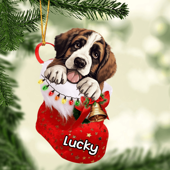 Custom Dog Acrylic Christmas Ornament, Personalized St. Bernard In Stocking Christmas Acrylic Ornament for Dog Lover, New Year