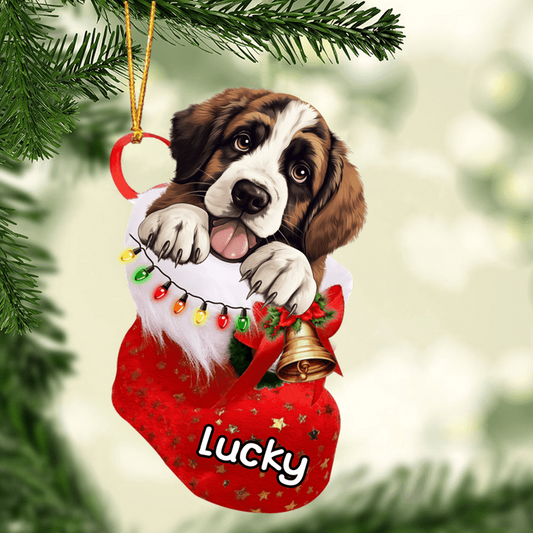 Custom Dog Acrylic Christmas Ornament, Personalized St. Bernard In Stocking Christmas Acrylic Ornament for Dog Lover, New Year