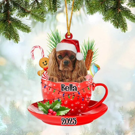 Custom Dog Acrylic Christmas Ornament, Personalized Awesome Cavalier King Charles Spaniel & Santa Hat In Red Cup Christmas Acrylic Ornament for Dog Lover