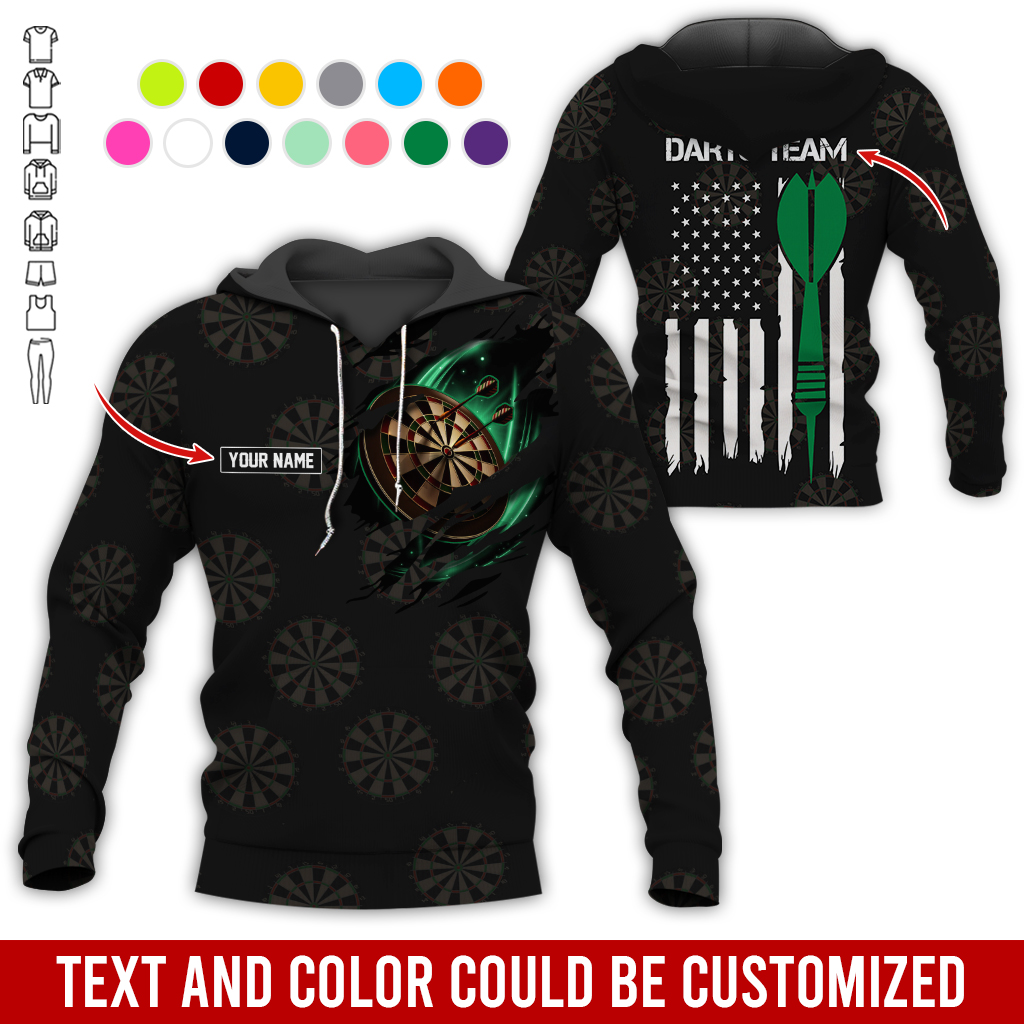 Customized Name & Team Name Darts Premium Hoodie, American Flag & Darts Pattern Black Hoodie, Perfect Gift For Darts Lovers, Friend, Family
