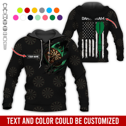 Customized Name & Team Name Darts Premium Hoodie, American Flag & Darts Pattern Black Hoodie, Perfect Gift For Darts Lovers, Friend, Family