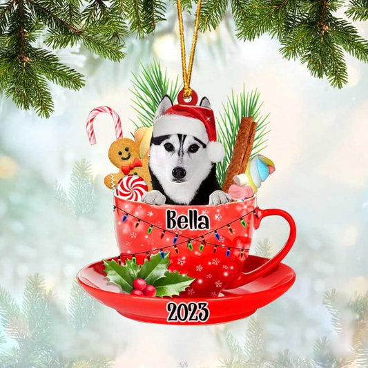 Custom Dog Acrylic Christmas Ornament, Personalized Cute Husky & Santa Hat In Red Cup Christmas Acrylic Ornament for Dog Lover, New Year