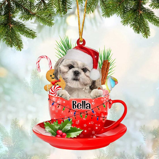 Custom Dog Acrylic Christmas Ornament, Personalized Cream Shih Tzu & Santa Hat In Red Cup Acrylic Ornament for Dog Lover,Christmas, New Year