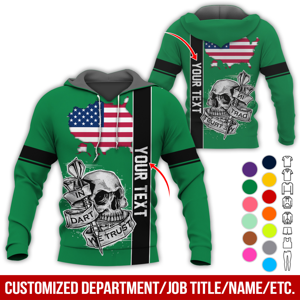 Customized Name & Text Darts Skull Premium Hoodie, In Darts We Trust Skull & American Map Pattern Hoodie, Perfect Gift For Darts Lovers, Friend, Family