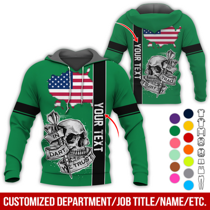 Customized Name & Text Darts Skull Premium Hoodie, In Darts We Trust Skull & American Map Pattern Hoodie, Perfect Gift For Darts Lovers, Friend, Family