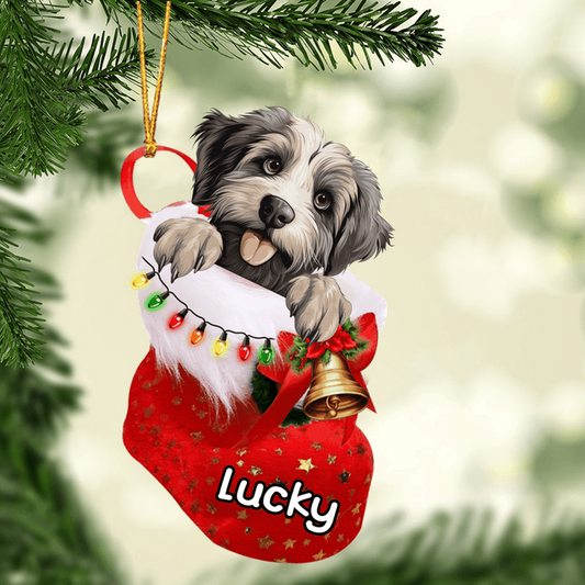 Custom Dog Acrylic Christmas Ornament, Personalized Cute Pyrenean Shepherd In Stocking Christmas Acrylic Ornament for Dog Lover, New Year