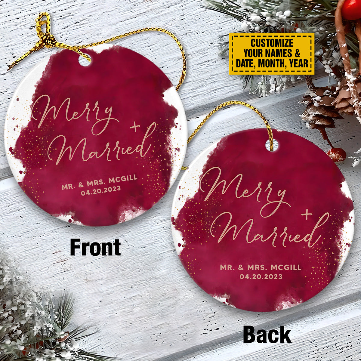 Personalized Couple Ceramic Christmas Ornament - Customize Merry And Married Ceramic Ornament For Wedding, Couple