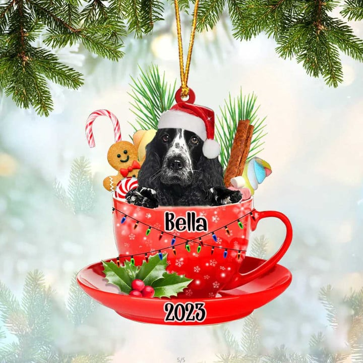 Custom Dog Acrylic Christmas Ornament, Personalized American Cocker Spaniel & Santa Hat In Red Cup Christmas Acrylic Ornament for Dog Lover