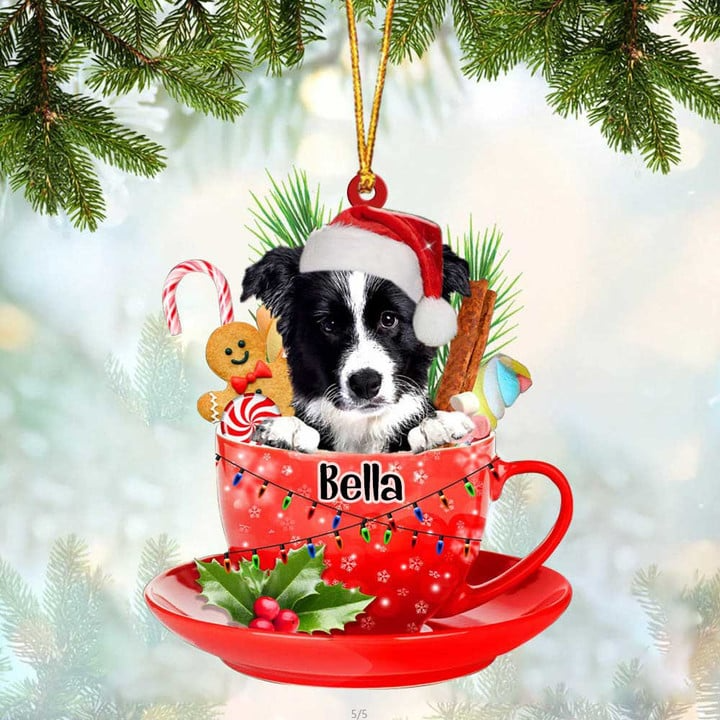 Custom Dog Acrylic Christmas Ornament, Personalized Border Collie In Red Cup Acrylic Ornament for Dog Lover, Christmas, New Year