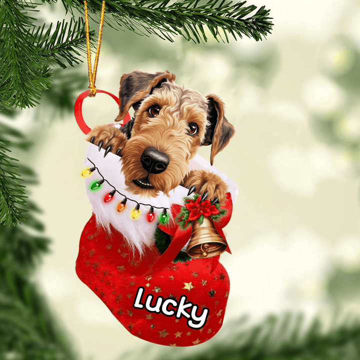 Custom Dog Acrylic Christmas Ornament, Personalized Airedale Terrier in Christmas Stocking Acrylic Ornament for Dog Lover, New Year