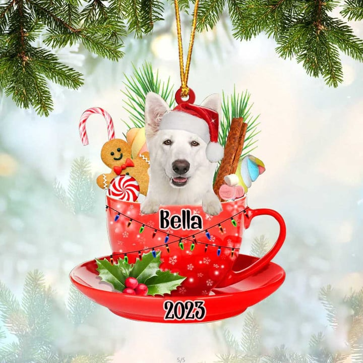 Custom Dog Acrylic Christmas Ornament, Personalized Awesome White German Shepherd & Santa Hat In Red Cup Acrylic Ornament for Dog Lover