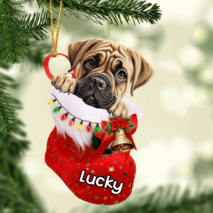 Custom Dog Acrylic Christmas Ornament, Personalized Bullmastiff In Stocking Christmas Acrylic Ornament for Dog Lover, New Year