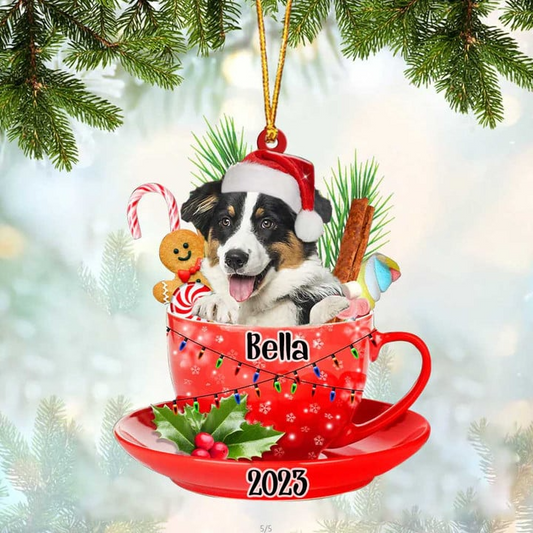 Custom Dog Acrylic Christmas Ornament, Personalized Cute Australian Shepherd & Santa Hat In Red Cup Christmas Acrylic Ornament for Dog Lover