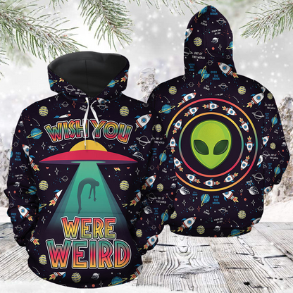 UFO Alien Pattern Pullover Premium Hoodie Wish You Were Weird, Perfect Outfit For Men And Women On Christmas New Year Autumn Winter