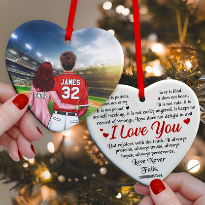 Custom Baseball Ceramic Ornament, Baseball Couple Love Never Fails Heart Ceramic Ornament - Perfect Gift For Couple, Baseball Lover, Christmas, New Year