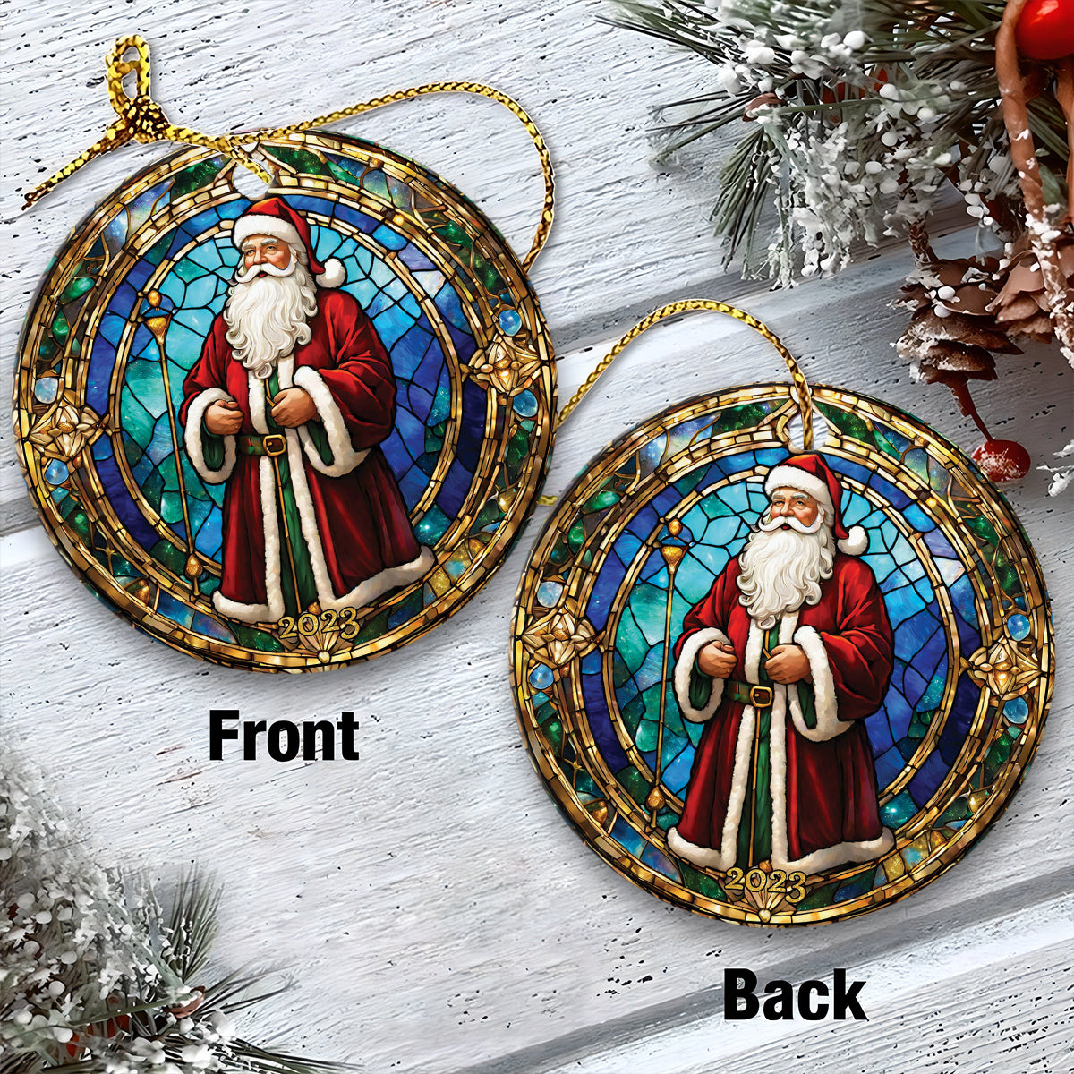 Santa Claus Ceramic Christmas Ornament - Santa Claus Stained Glass Circle Ceramic Ornament, Perfect Gift For Christmas