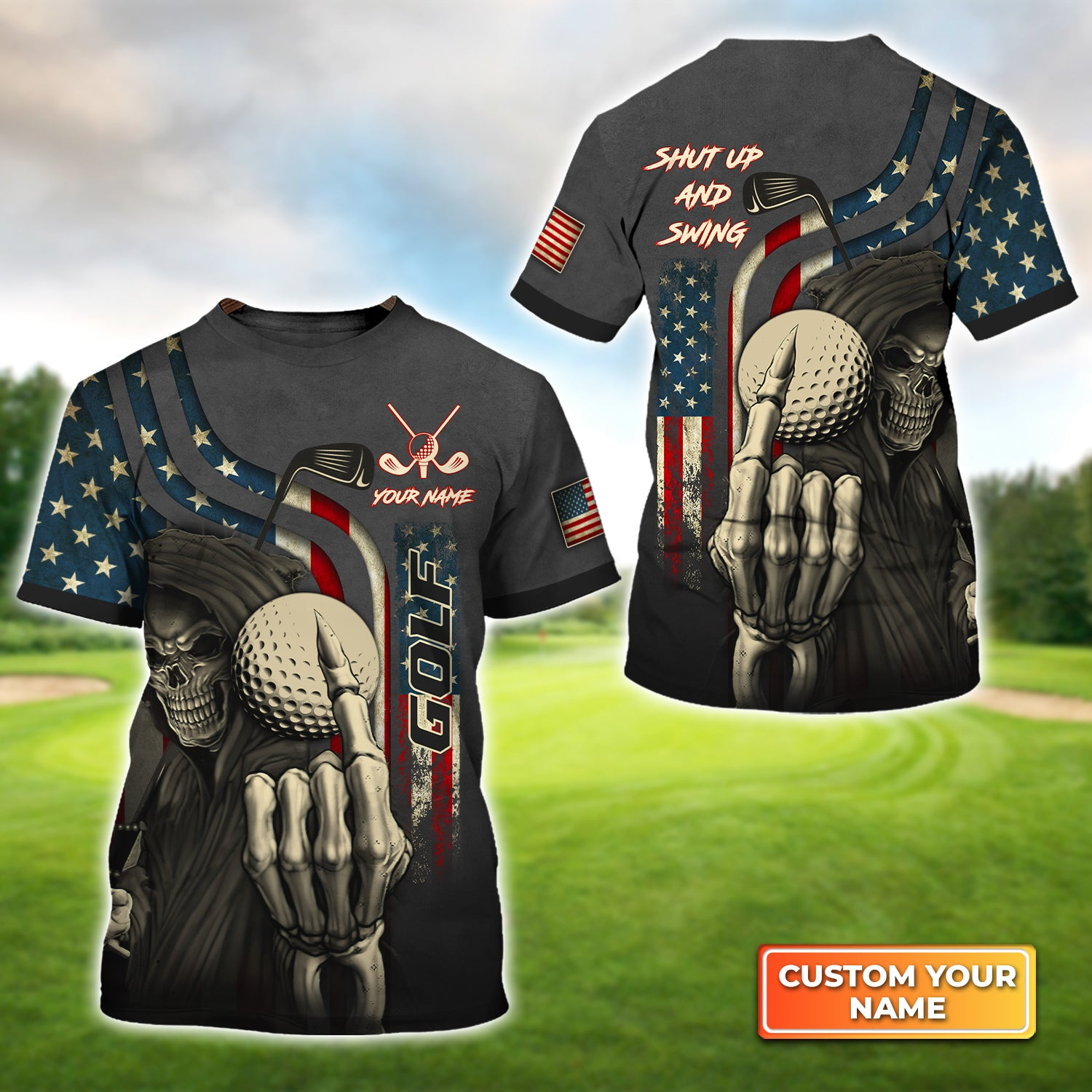 Golf T shirt Custom Name - America Flag Skull Golf Shut Up And Swing T-shirt - Gift For Friend, Family, Golf Lovers