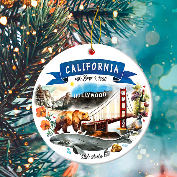 California State Ceramic Christmas Ornament - California State Themes And Landmarks Circle Ceramic Ornament, Perfect Gift For Christmas