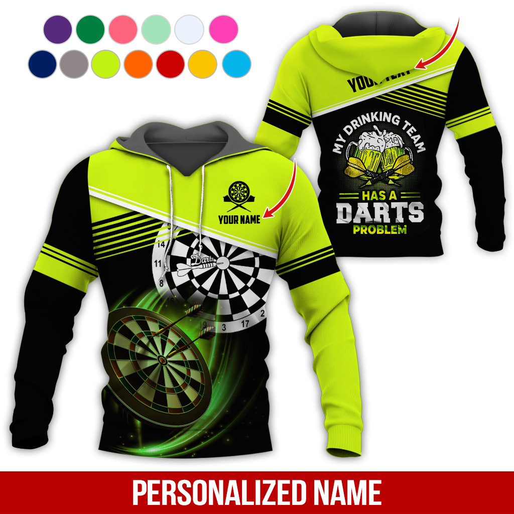 Customized Name & Text Darts Skull Premium Hoodie, My Drinking Team Has Darts Problem Hoodie, Perfect Gift For Darts Lovers, Darts Player
