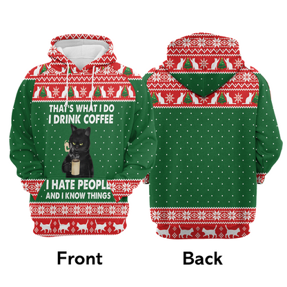 Black Cat Premium Christmas Hoodie, I Drink Coffee I hate People Unisex Hoodie For Men & Women - Perfect Gift For Christmas, Black Cat Lover