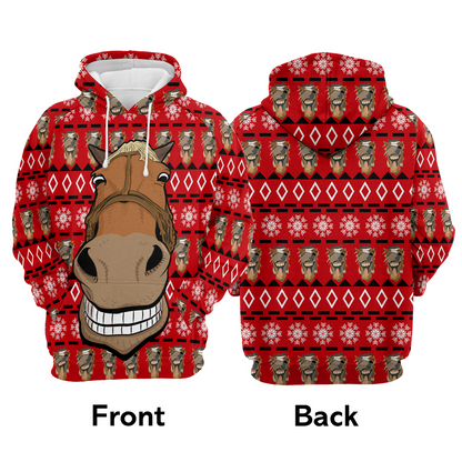 Horse Face Premium Christmas Hoodie, Funny Horse Christmas Tree Unisex Red Hoodie For Men & Women - Perfect Gift For Christmas, Family