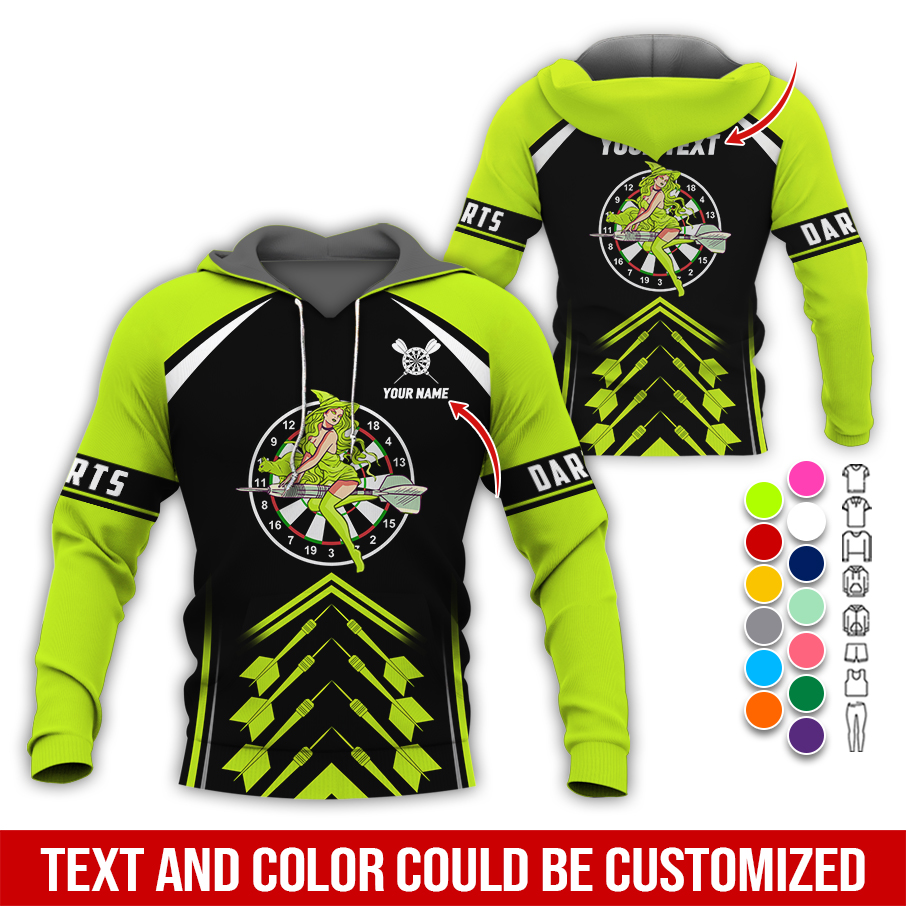 Personalized Name & Text Darts Premium Hoodie, Witch Riding Broom & Darts Hoodie, Perfect Gift For Darts Lovers, Friend, Family