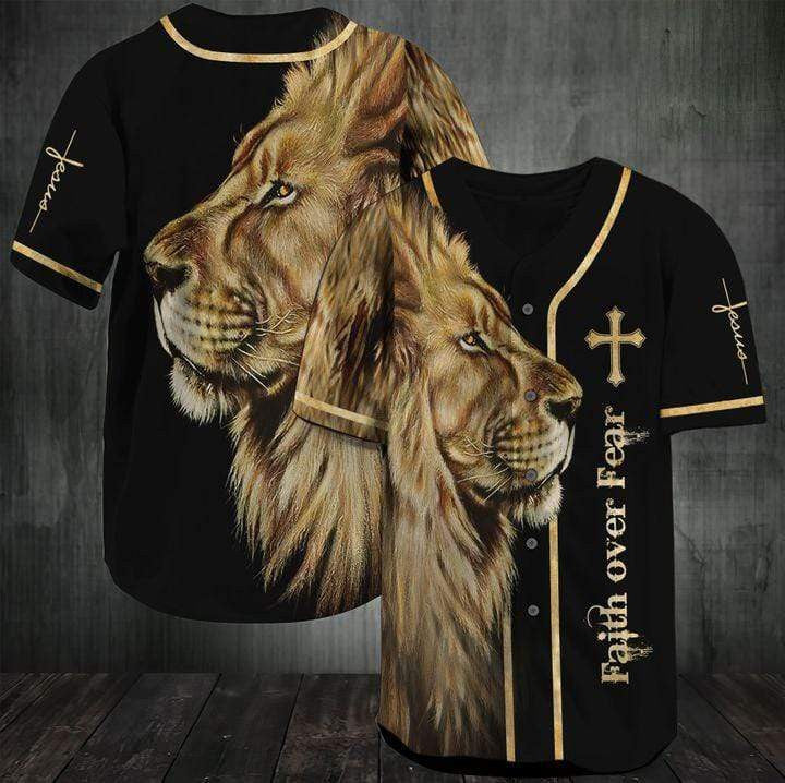 Jesus Baseball Jersey Shirt - Faith Over Fear Lion King Jesus Black Baseball Jersey Shirt For Men & Women, Perfect Gift For Christian