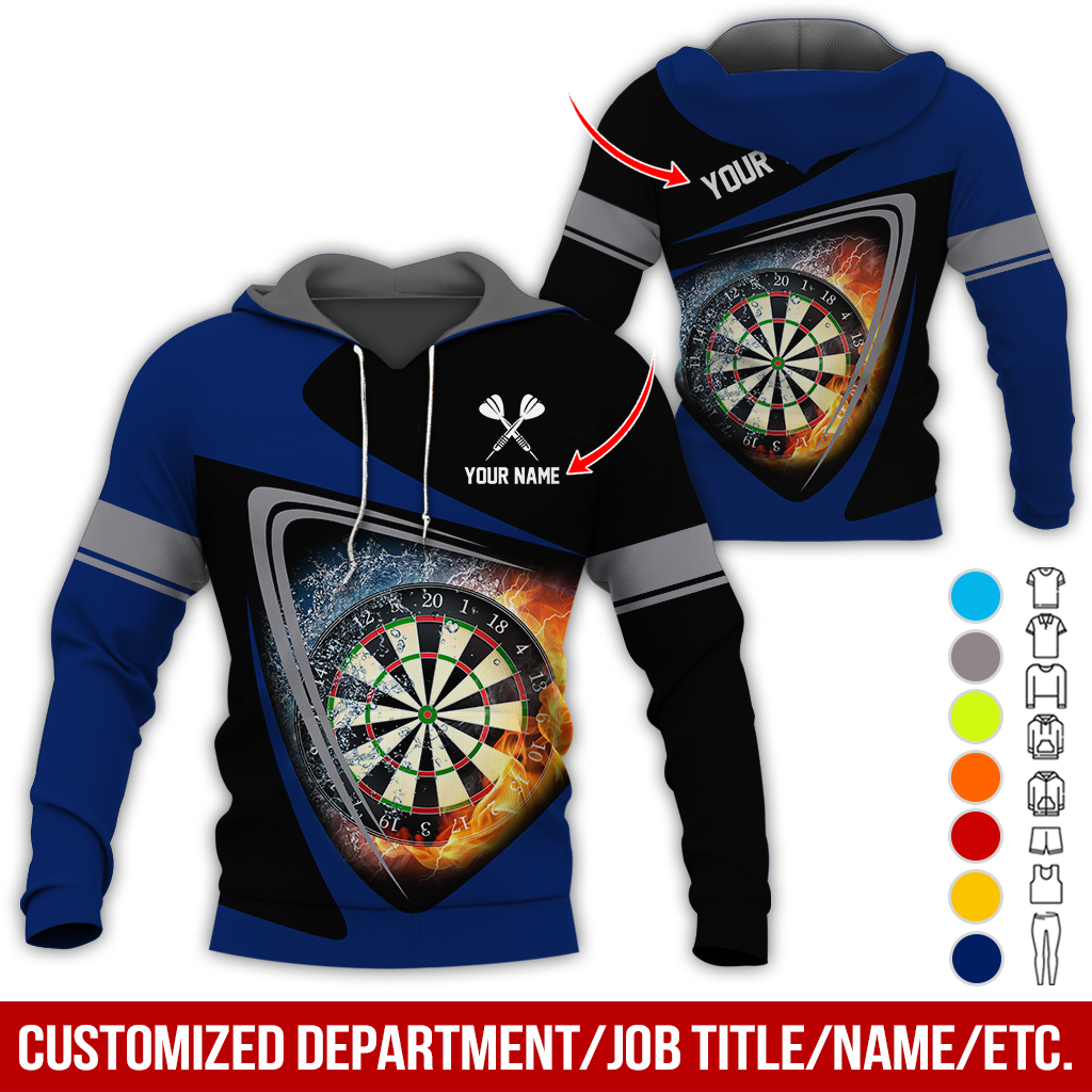 Customized Name & Text Darts Premium Hoodie, Fire & Water Dartboards Pattern Hoodie, Perfect Gift For Darts Lovers, Darts Player