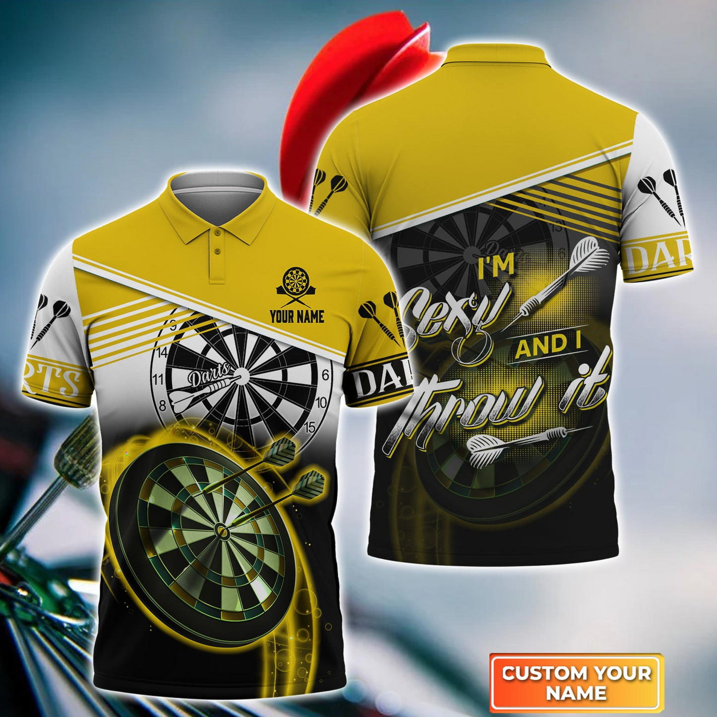 Personalized Darts Polo Shirt - Custom Name I'm Sexy And I Throw It Yellow Polo Shirt - Darts Polo Shirt For Darts Team, Darts Lover