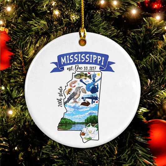 Mississippi Ceramic Christmas Ornament - Artistic Mississippi State Landmarks Circle Ceramic Ornament, Gift For Christmas, Holiday Decor