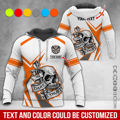 Customized Name & Text Darts Skull Premium Hoodie, In Darts We Trust White Hoodie For Men & Woman, Perfect Gift For Darts Lovers, Darts Player
