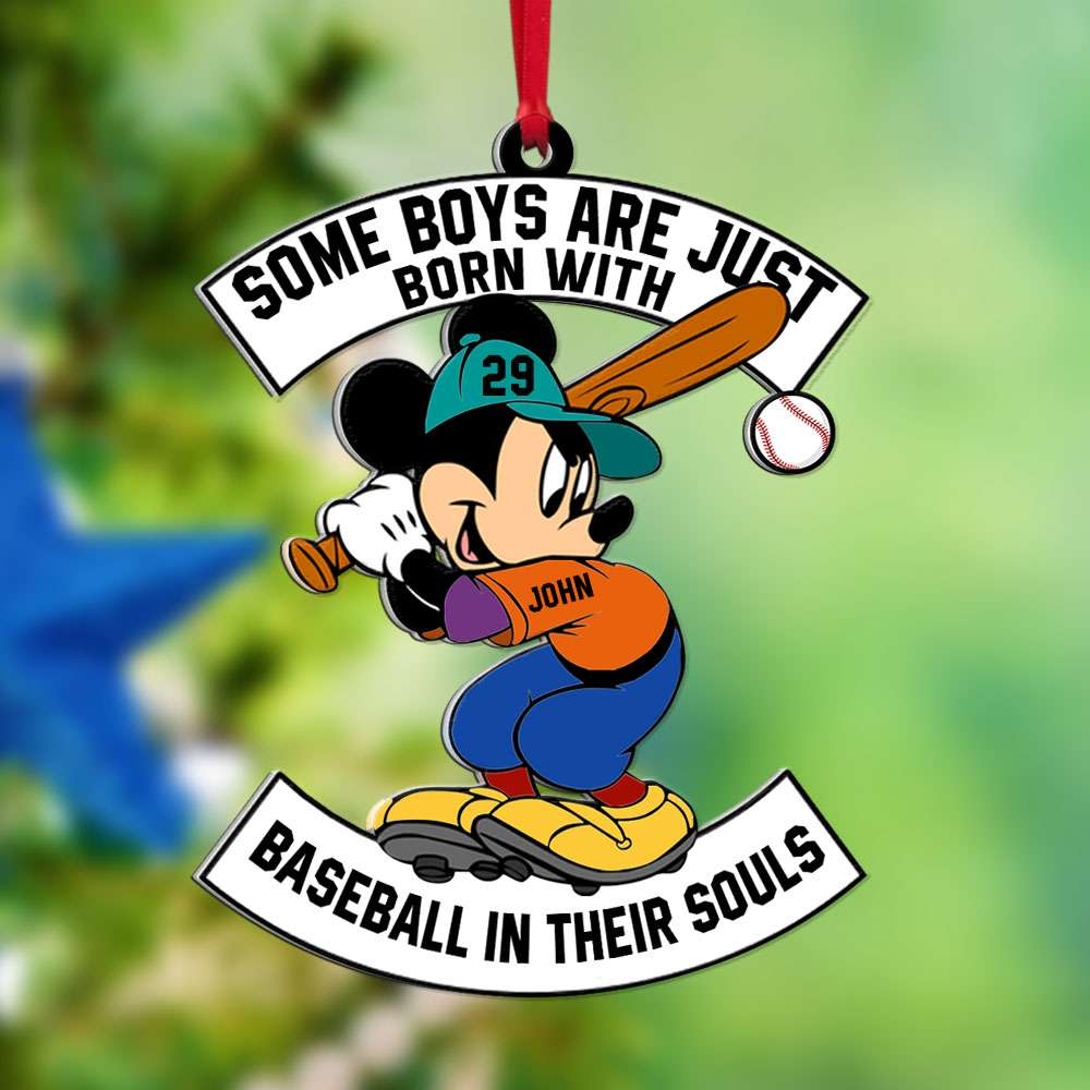 Custom Baseball Acrylic Ornament, Personalized Mickey Baseball Born With Baseball In Their Souls Acrylic Ornament - Perfect Gift For Baseball Lover, Christmas, New Year