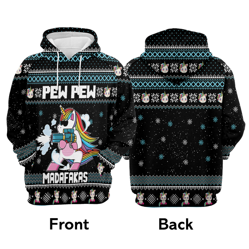 Unicorn Xmas Premium Christmas Hoodie, Unicorn Pew Pew Madafakas Funny Unisex Hoodie For Men & Women - Perfect Gift For Christmas, Unicorn Lovers