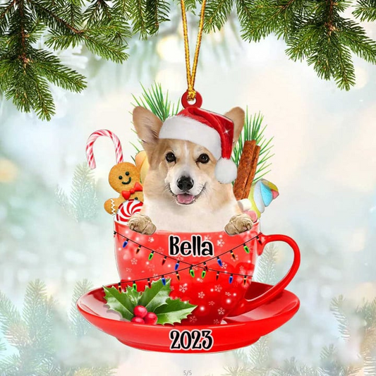 Custom Dog Acrylic Christmas Ornament, Personalized Cute Corgi & Santa Hat In Red Cup Christmas Acrylic Ornament for Dog Lover