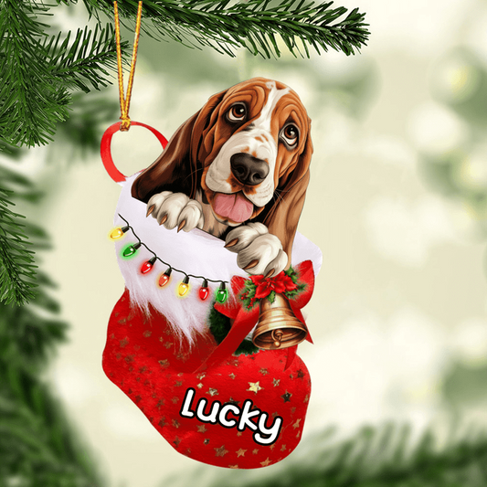 Custom Dog Acrylic Christmas Ornament, Personalized Basset Hound in Christmas Stocking Acrylic Ornament for Dog Lover, New Year