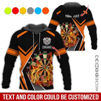Customized Name & Text Darts Premium Hoodie, Personalized Color Flaming Dartboards Hoodie, Perfect Gift For Darts Lovers, Darts Player