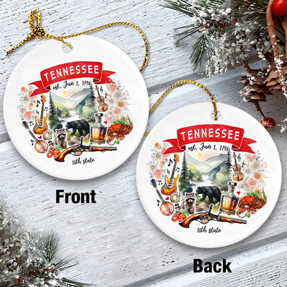 Tennessee State Ceramic Christmas Ornament - Tennessee State Themes And Landmarks Circle Ceramic Ornament, Perfect Gift For Christmas