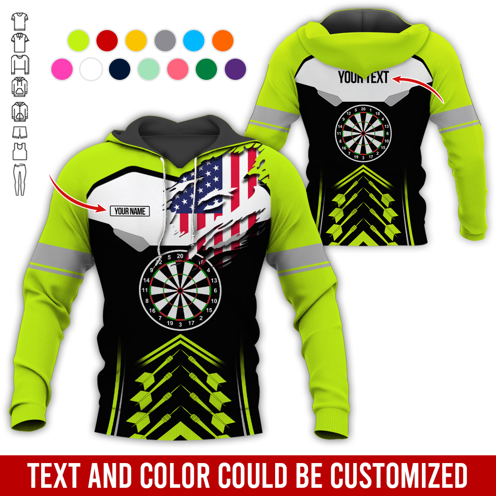 Personalized American Flag Darts Premium Hoodie, Customized Name & Text Darts Black & White Hoodie, Perfect Gift For Darts Lovers, Darts Player