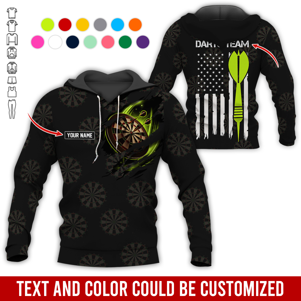 Customized Name & Team Name Darts Premium Hoodie, American Flag & Darts Pattern Black Hoodie, Perfect Gift For Darts Lovers, Friend, Family